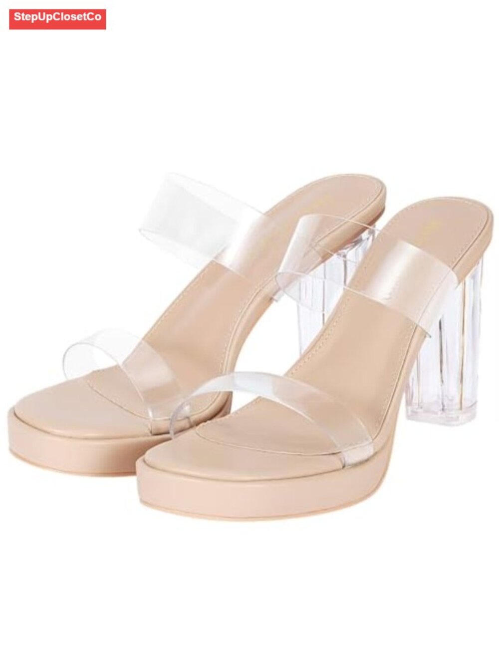 Clear Chunky Block Heeled Sandals Open Toe Two Strap Slip On Platform High Heel - Picture 5 of 6